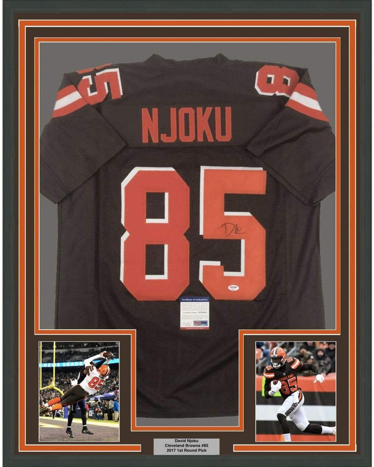 Framed Autographed/Signed David Njoku 35x39 Cleveland Football Brown Jersey PSA/DNA COA