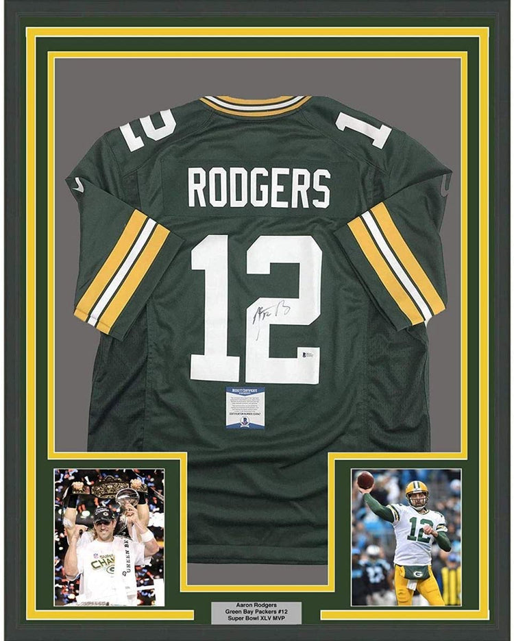 Framed Autographed/Signed Aaron Rodgers 35x39 Green Bay Green Football Jersey Beckett BAS COA