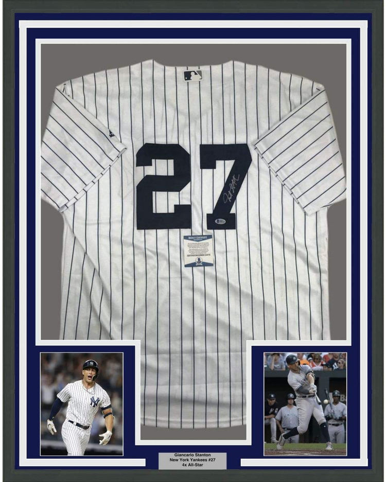 Framed Autographed/Signed Giancarlo Stanton 35x39 New York Pinstripe Baseball Jersey Beckett BAS COA