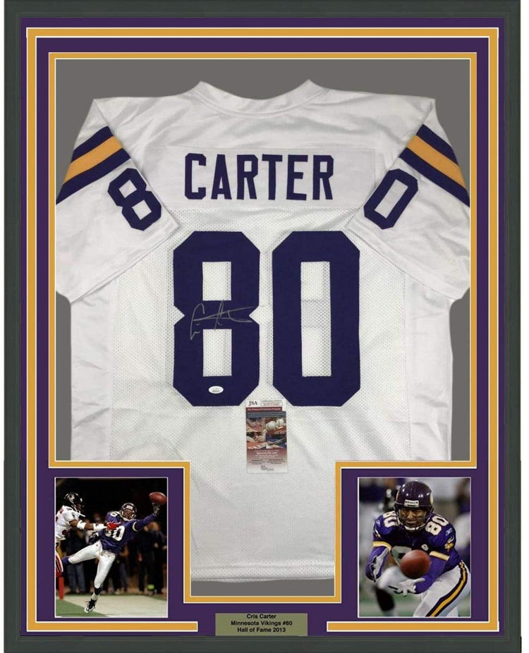 Framed Autographed/Signed Cris Carter 35x39 Minnesota White Football Jersey JSA COA