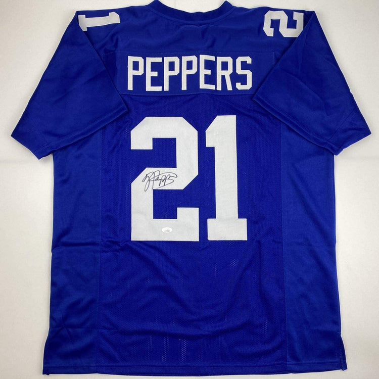 Autographed/Signed Jabrill Peppers New York Blue Football Jersey JSA COA