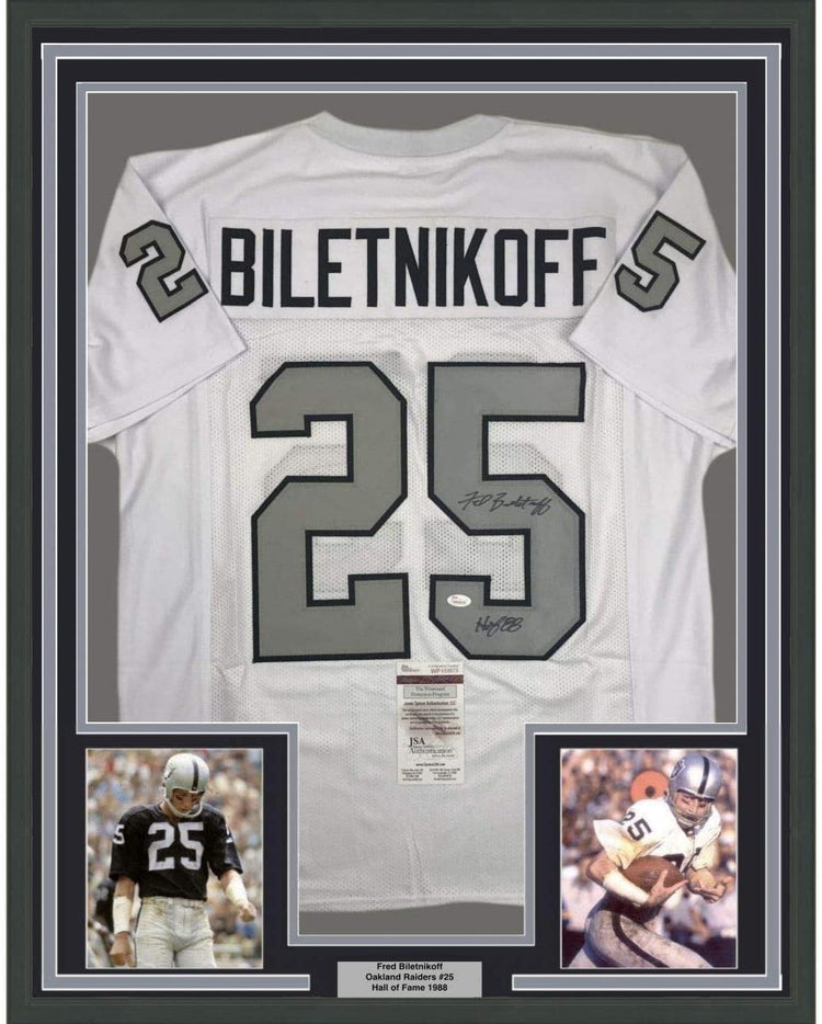 Framed Autographed/Signed Fred Biletnikoff HOF 88 35x39 Oakland Color Rush Football Jersey JSA COA