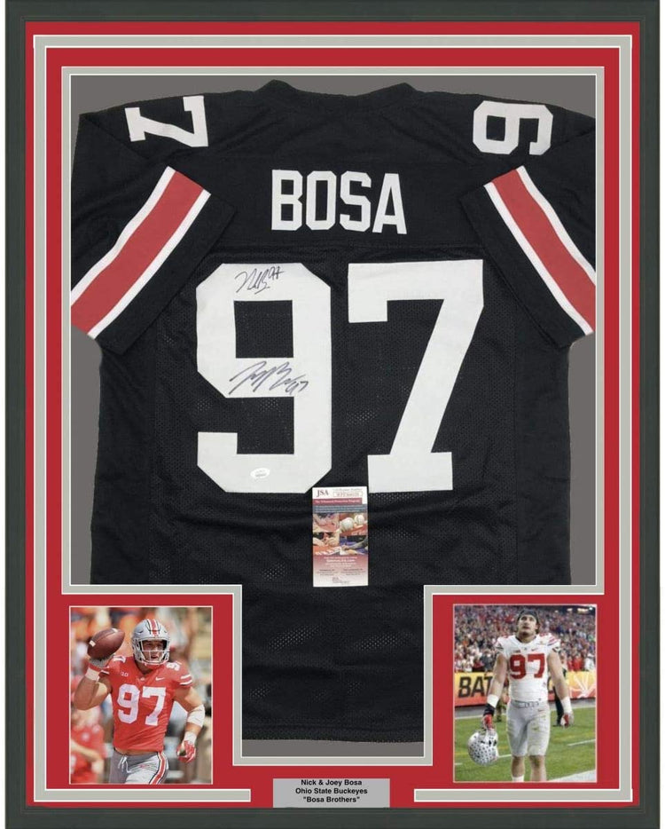 Framed Autographed/Signed Nick & Joey Bosa Brothers 35x39 Ohio State Black College Football Jersey JSA COA