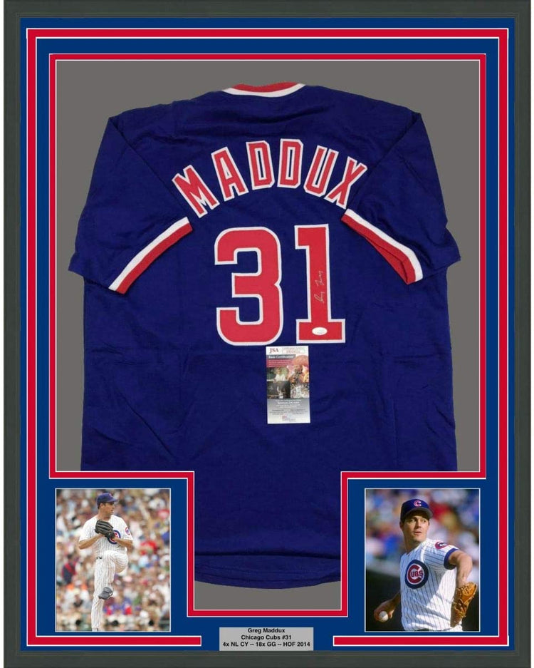 Framed Autographed/Signed Greg Maddux 35x39 Chicago Blue Baseball Jersey JSA COA