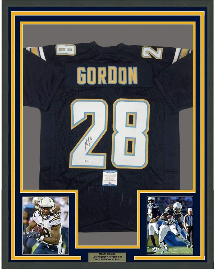 Framed Autographed/Signed Melvin Gordon 35x39 Los Angeles LA Chargers Dark Blue Football Jersey Beckett BAS COA