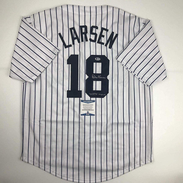 Autographed/Signed Don Larsen"WS PG 10-8-56" New York Pinstripe Baseball Jersey Beckett BAS COA