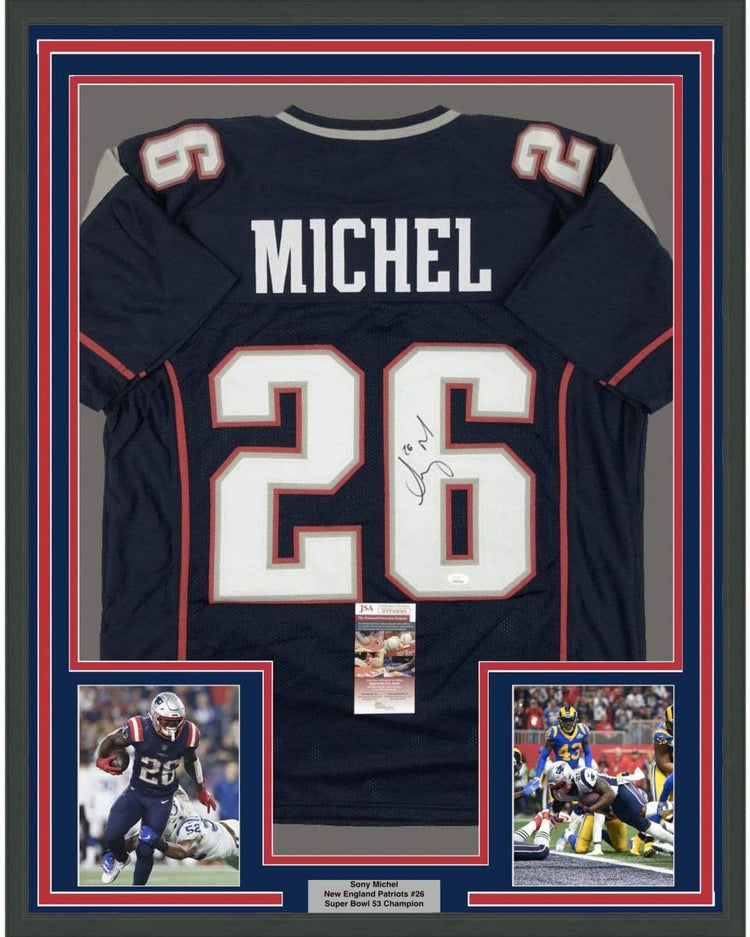 Framed Autographed/Signed Sony Michel 35x39 New England Blue Football Jersey JSA COA