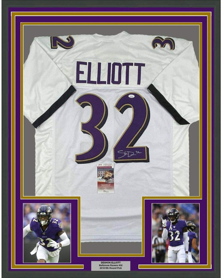 Framed Autographed/Signed DeShon Elliott 35x39 Baltimore White Football Jersey JSA COA