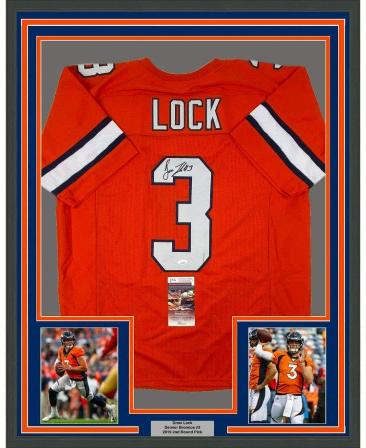 Framed Autographed/Signed Drew Lock Denver Retro Orange Football Jersey JSA COA