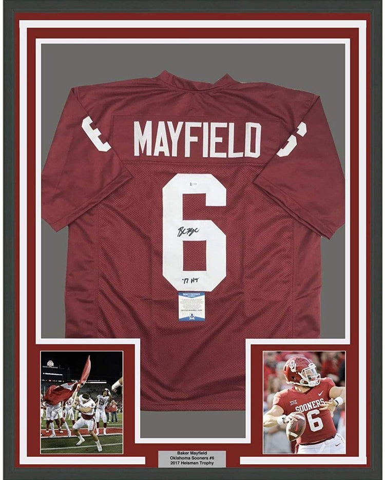 Framed Autographed/Signed Baker Mayfield"17 HT" 35x39 Oklahoma Sooners Crimson Red College Football Jersey JSA COA