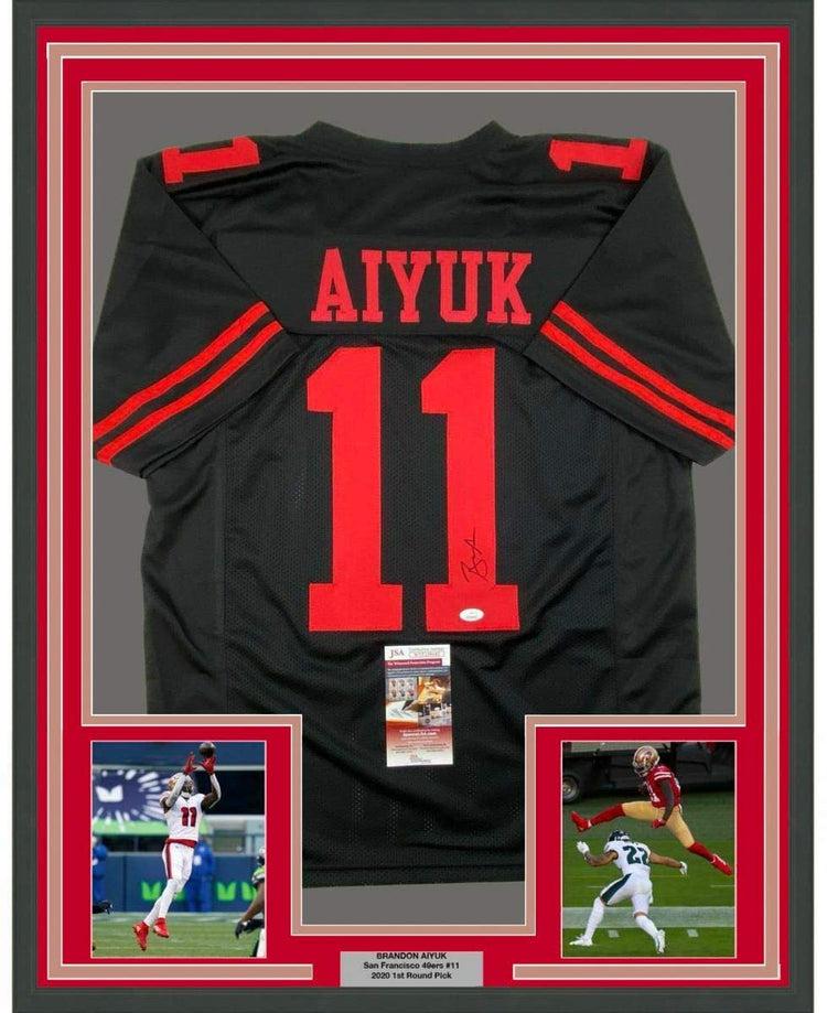 Framed Autographed/Signed Brandon Aiyuk 35x39 San Francisco Black Football Jersey JSA COA