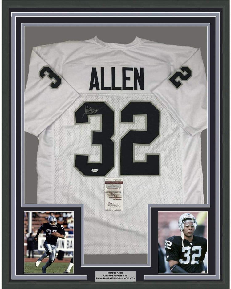 Framed Autographed/Signed Marcus Allen 35x39 Oakland White Football Jersey JSA COA