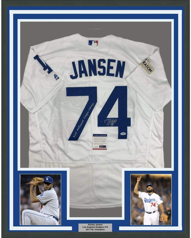 Framed Autographed/Signed Kenley Jansen 35x39 2017 National League Champs Los Angeles LA White Baseball Jersey PSA/DNA COA