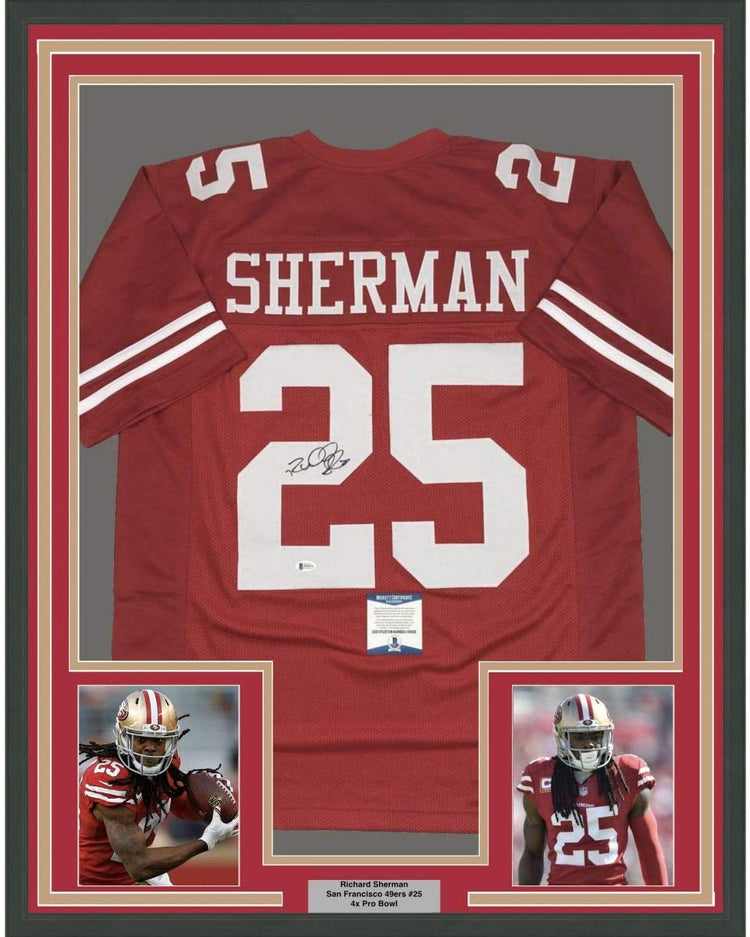 Framed Autographed/Signed Richard Sherman 35x39 San Francisco Red Football Jersey Beckett BAS COA
