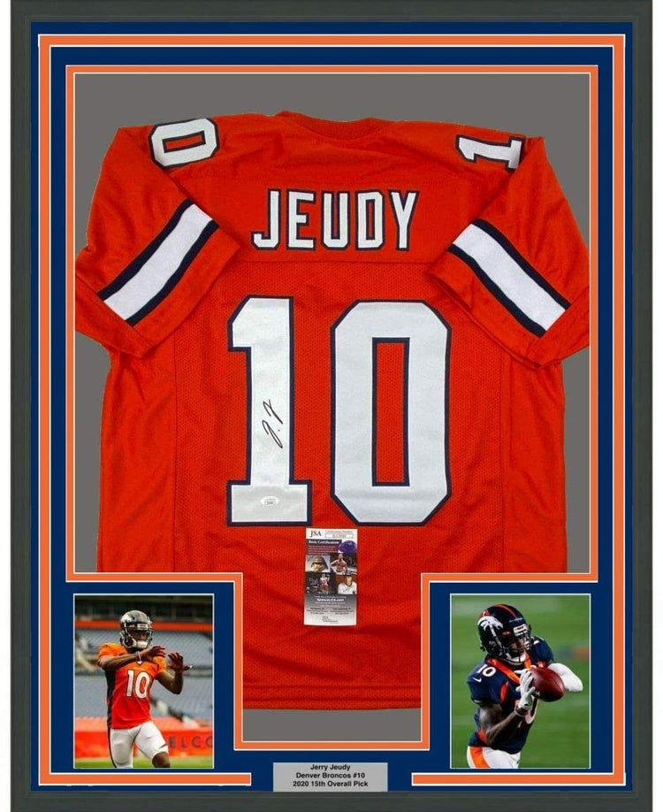 Framed Autographed/Signed Jerry Jeudy 35x39 Denver Retro Orange Football Jersey JSA COA