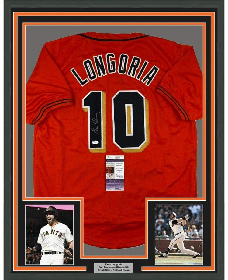 Framed Autographed/Signed Evan Longoria 35x39 San Francisco Orange Baseball Jersey JSA COA