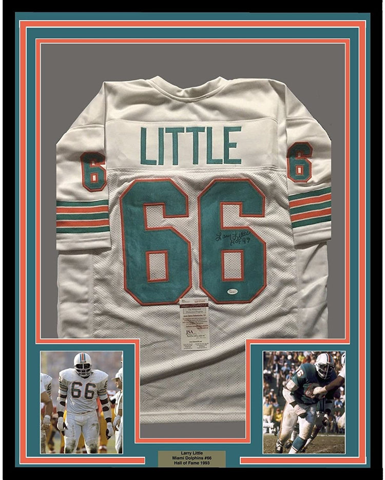 Framed Autographed/Signed Larry Little"HOF 93" 35x39 Miami Dolphins White Football Jersey JSA COA