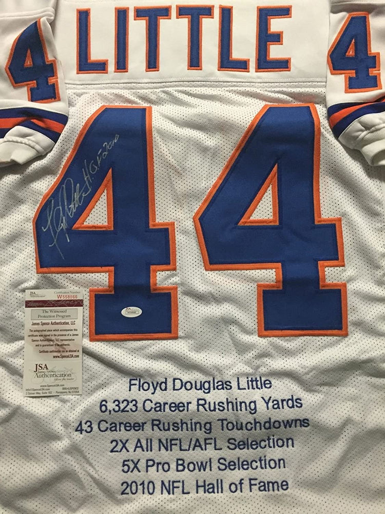Autographed/Signed Floyd Little"HOF 10" Denver Broncos White Stat Football Jersey JSA COA