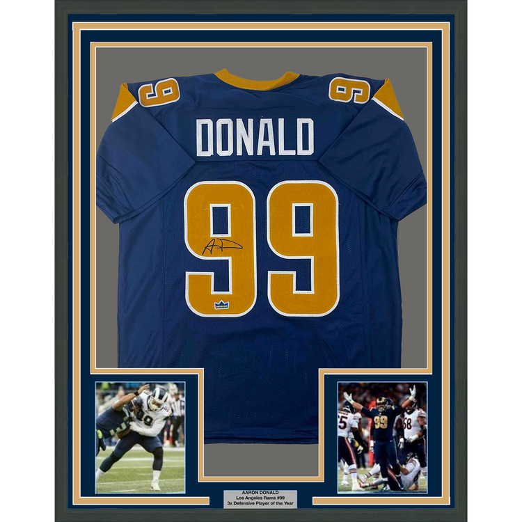 Framed Facsimile Autographed Aaron Donald 35x39 Los Angeles LA Navy Blue Reprint Laser Auto Football Jersey