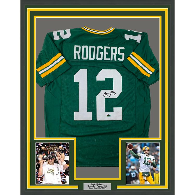 Framed Facsimile Autographed Aaron Rodgers 35x39 Green Bay Green Reprint Laser Auto Football Jersey Size Men's XL
