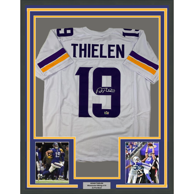 Framed Facsimile Autographed Adam Thielen 35x39 Minnesota White Reprint Laser Auto Football Jersey
