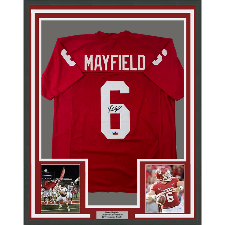 Framed Facsimile Autographed Baker Mayfield 35x39 Oklahoma Red Reprint Laser Auto College Football Jersey Size Men's XL