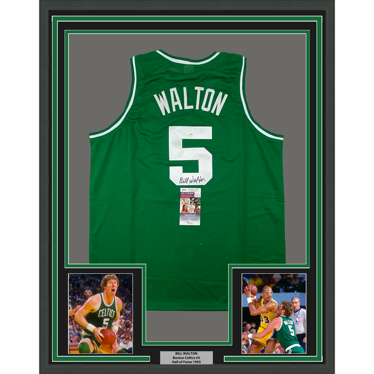 Framed Autographed/Signed Bill Walton 35x39 Boston Green Basketball Jersey JSA COA