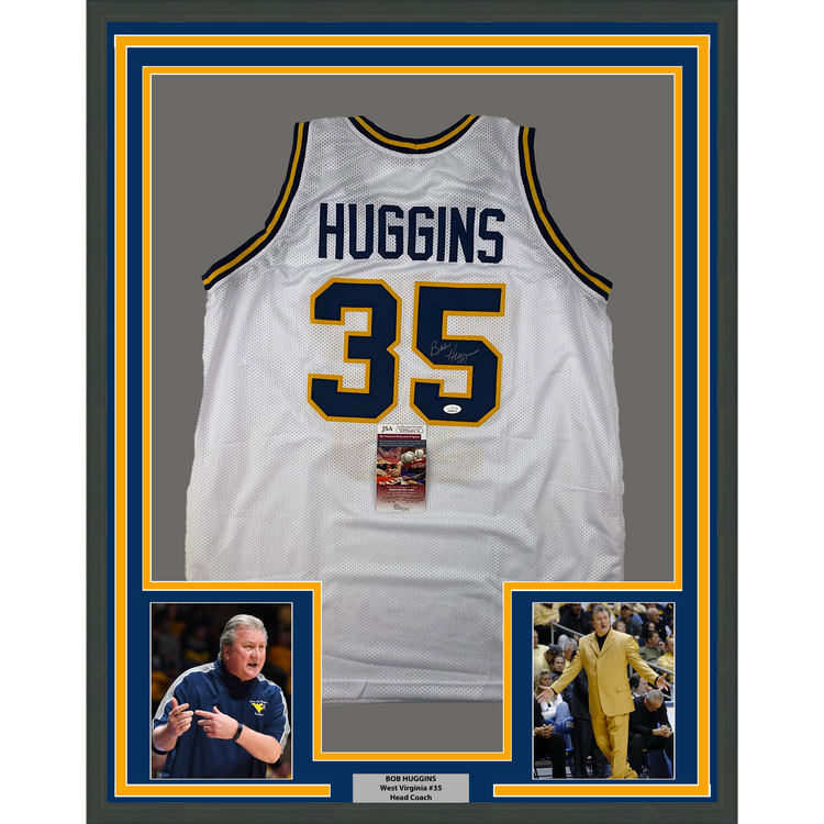 Framed Autographed/Signed Bob Huggins 35x39 West Virginia White College Basketball Jersey JSA COA