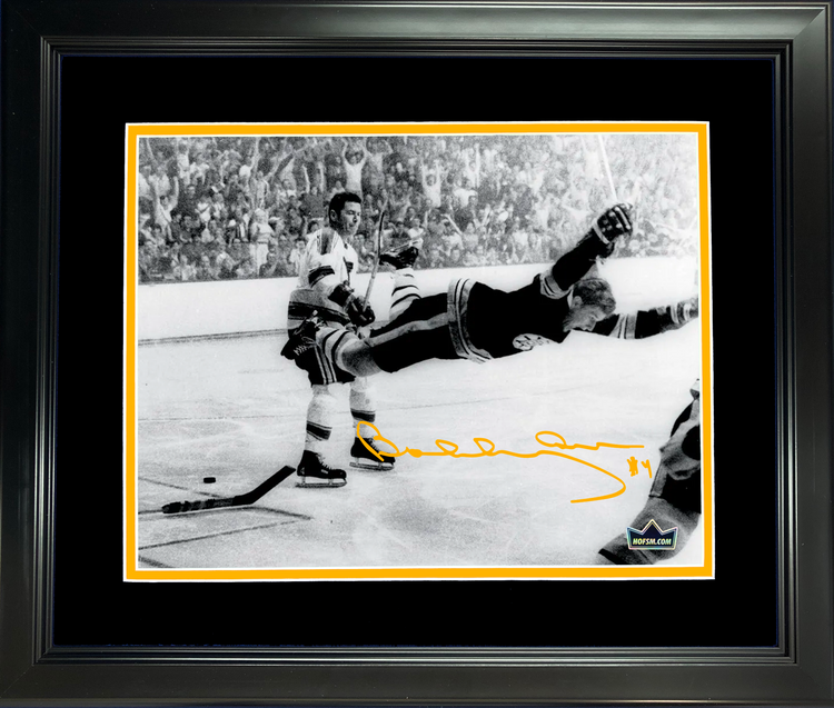 Framed Bobby Orr Flying Goal Boston Bruins Facsimile Laser Engraved Signature Auto 11"x14" Hockey Photo HOFSM Holo