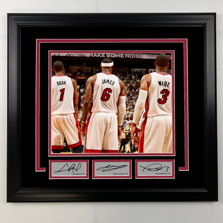 Framed Chris Bosh, LeBron James, Dwyane Wade Facsimile Laser Engraved Signatures Miami Heat 19x21 Basketball Photo