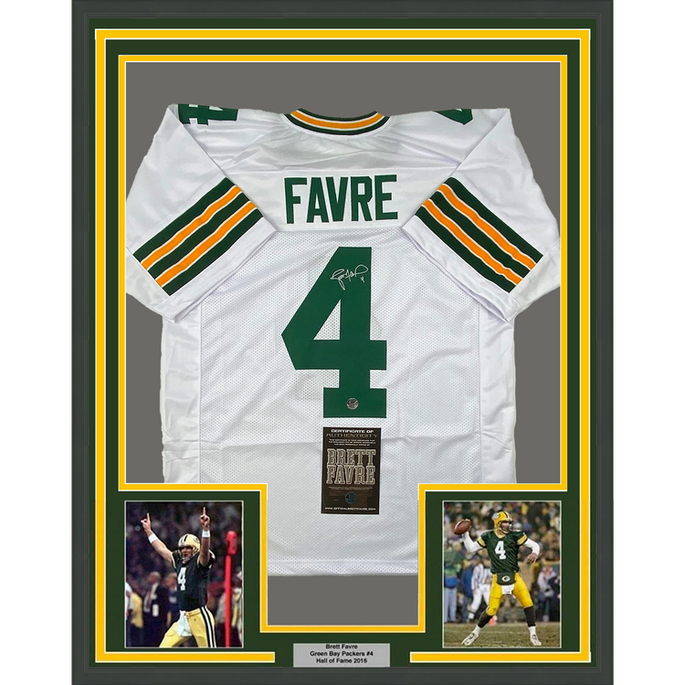 Framed Autographed/Signed Brett Favre 35x39 Green Bay White Football Jersey Favre Hologram COA