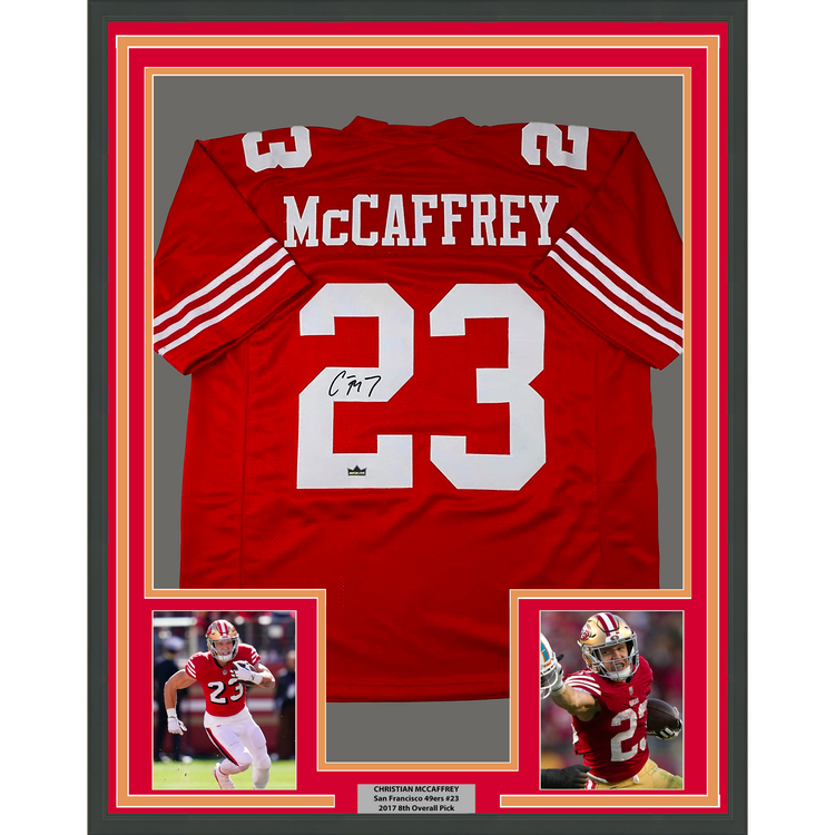 Framed Facsimile Autographed Christian McCaffrey 35x39 San Francisco Red Reprint Laser Auto Football Jersey
