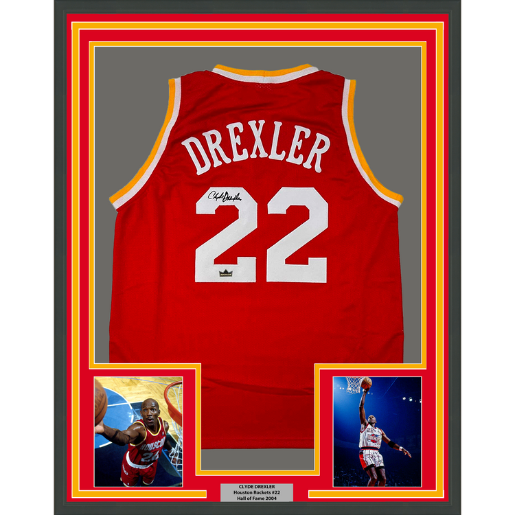 Framed Facsimile Autographed Clyde Drexler 35x39 Houston Red Reprint Laser Auto Basketball Jersey