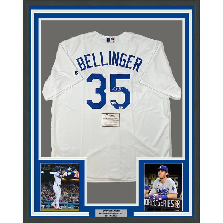 Framed Autographed/Signed Cody Bellinger 35x39 Los Angeles LA Dodgers White Authentic Baseball Jersey Fanatics COA