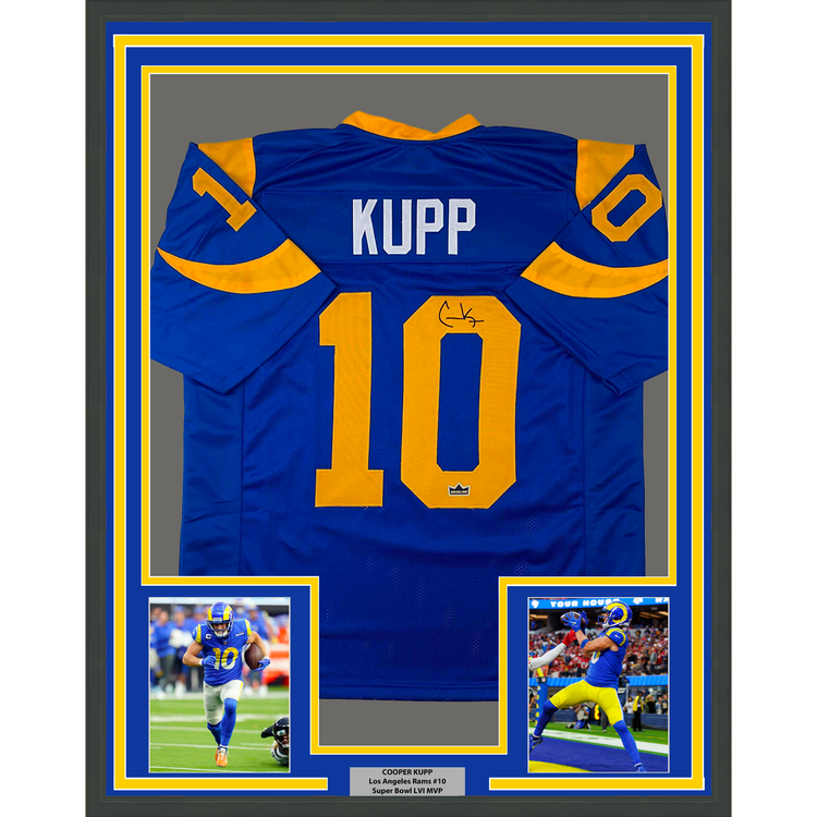 Framed Facsimile Autographed Cooper Kupp 35x39 Los Angeles LA Royal Blue Retro Reprint Laser Auto Football Jersey