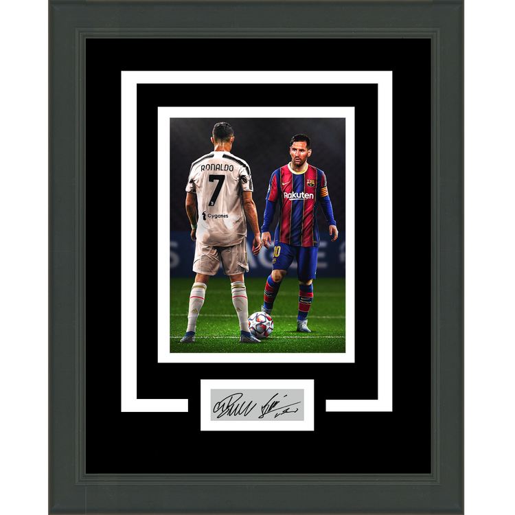 Framed Lionel Messi Cristiano Ronaldo Facsimile Laser Engraved Signature Dual Auto Barcelona Juventus 11x14 Soccer Futbol Photo