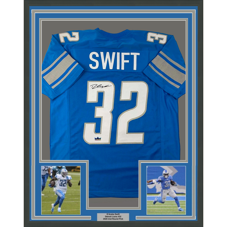 Framed Facsimile Autographed D'Andre Swift 35x39 Detroit Blue Reprint Laser Auto Football Jersey