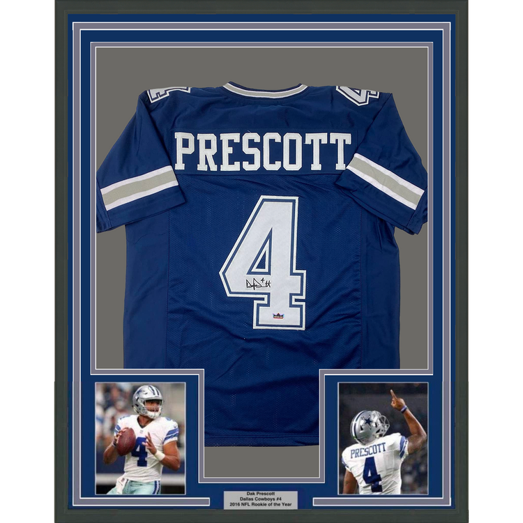 Framed Facsimile Autographed Dak Prescott 35x39 Dallas Blue Reprint Laser Auto Football Jersey Size Men's XL
