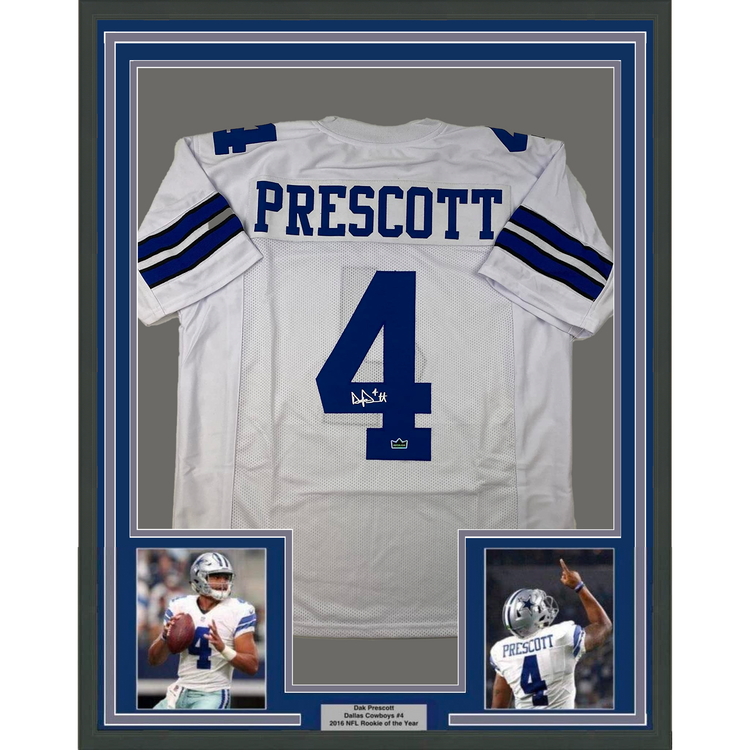 Framed Facsimile Autographed Dak Prescott 35x39 Dallas White Reprint Laser Auto Football Jersey Size Men's XL