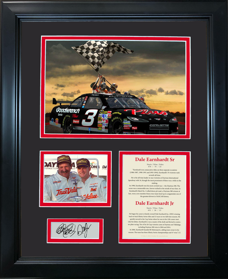 Framed Dale Earnhardt Jr & Sr Facsimile Laser Engraved Signature Dual Auto NASCAR 11"x14" Photo Sig Collage