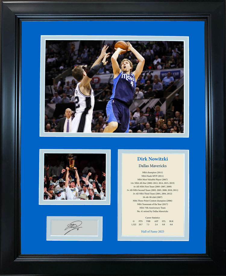 Framed Dirk Nowitzki Hall of Fame Facsimile Laser Engraved Signature Auto Dallas Mavericks Basketball 11"x14" Photo Sig Collage