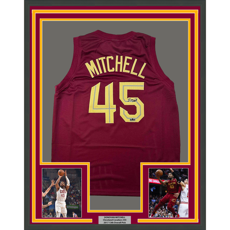 Framed Facsimile Autographed Donovan Mitchell 35x39 Cleveland Red Reprint Laser Auto Basketball Jersey