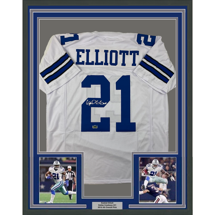 Framed Facsimile Autographed Ezekiel Elliott 35x39 Dallas White Reprint Laser Auto Football Jersey Size Men's XL