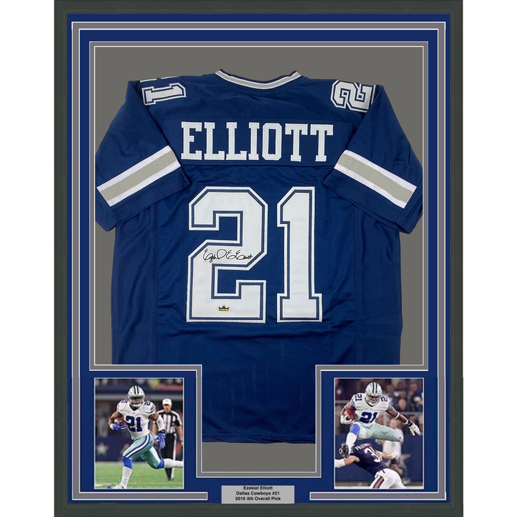 Framed Facsimile Autographed Ezekiel Elliott 35x39 Dallas Blue Reprint Laser Auto Football Jersey Size Men's XL