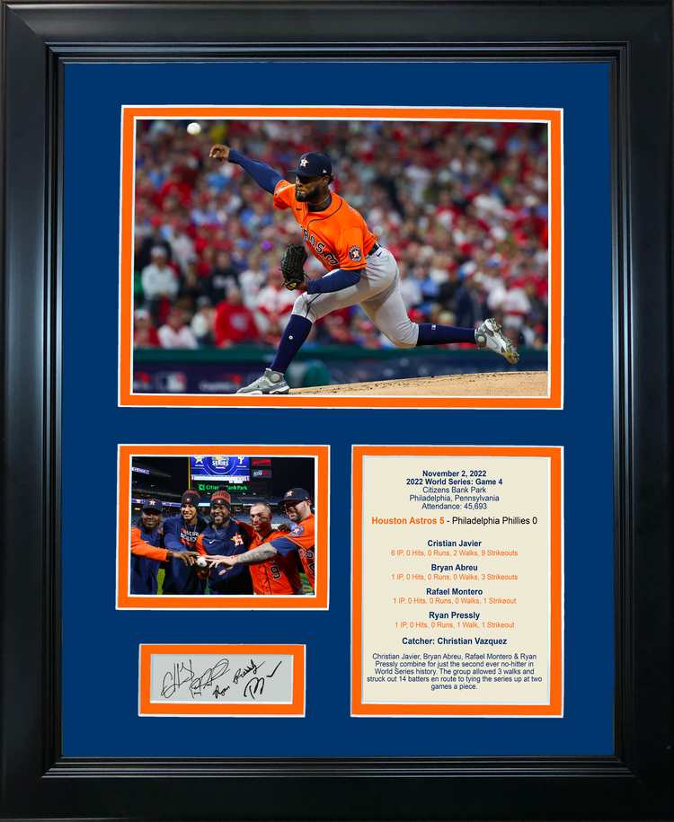 Framed Houston Astros 2022 World Series Combined No-Hitter Facsimile Laser Engraved Cristian Javier Signature Auto 11"x14" Baseball Photo Sig Collage
