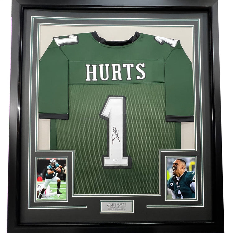 Framed Autographed/Signed Jalen Hurts 35x39 #1 Philadelphia Green Football Jersey JSA COA