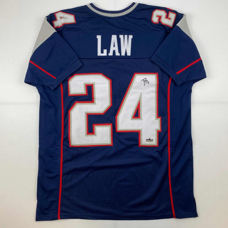 Facsimile Autographed Ty Law New England Blue Reprint Laser Auto Football Jersey Size Men's XL