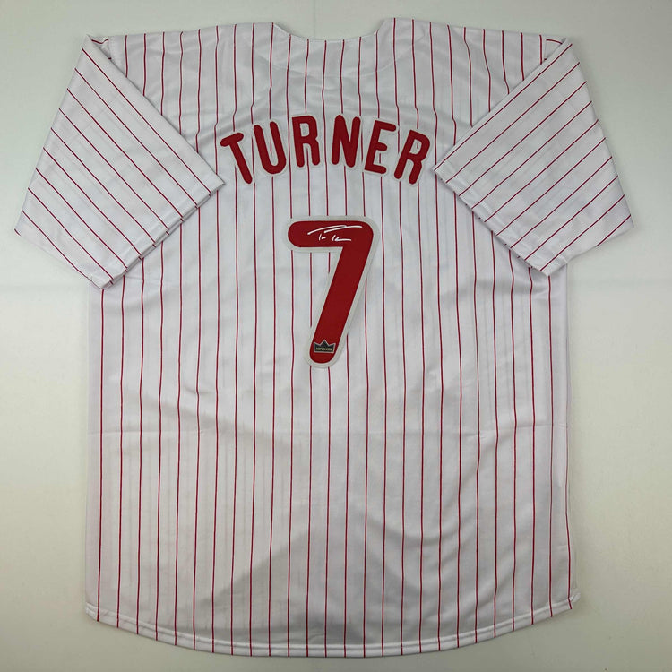 Facsimile Autographed Trea Turner Philadelphia Pinstripe Reprint Laser Auto Baseball Jersey Size Men's XL