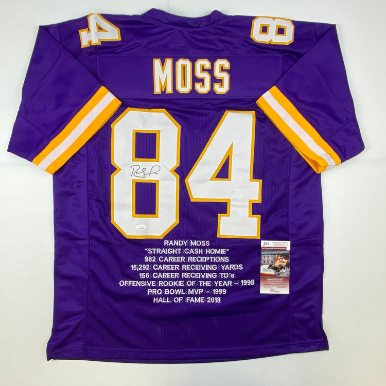 Autographed/Signed Randy Moss Minnesota Purple Stat Football Jersey JSA COA