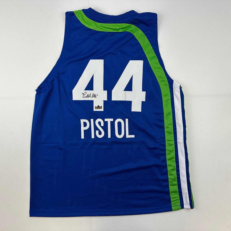 Facsimile Autographed Pistol Pete Maravich Atlanta Blue Reprint Laser Auto Basketball Jersey Size Men's XL